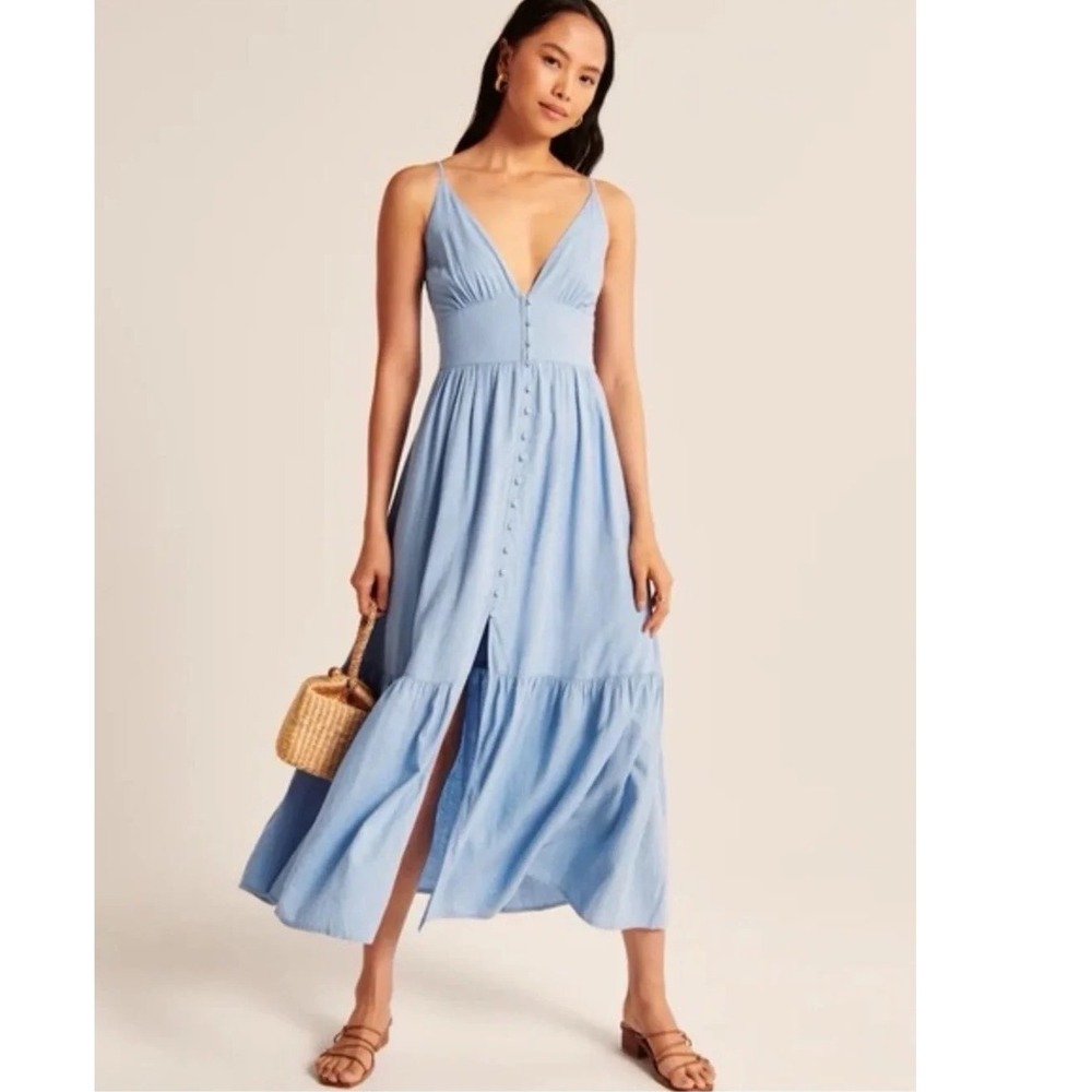 Abercrombie & Fitch Button Through Maxi Dress Small Blue Linen Blend